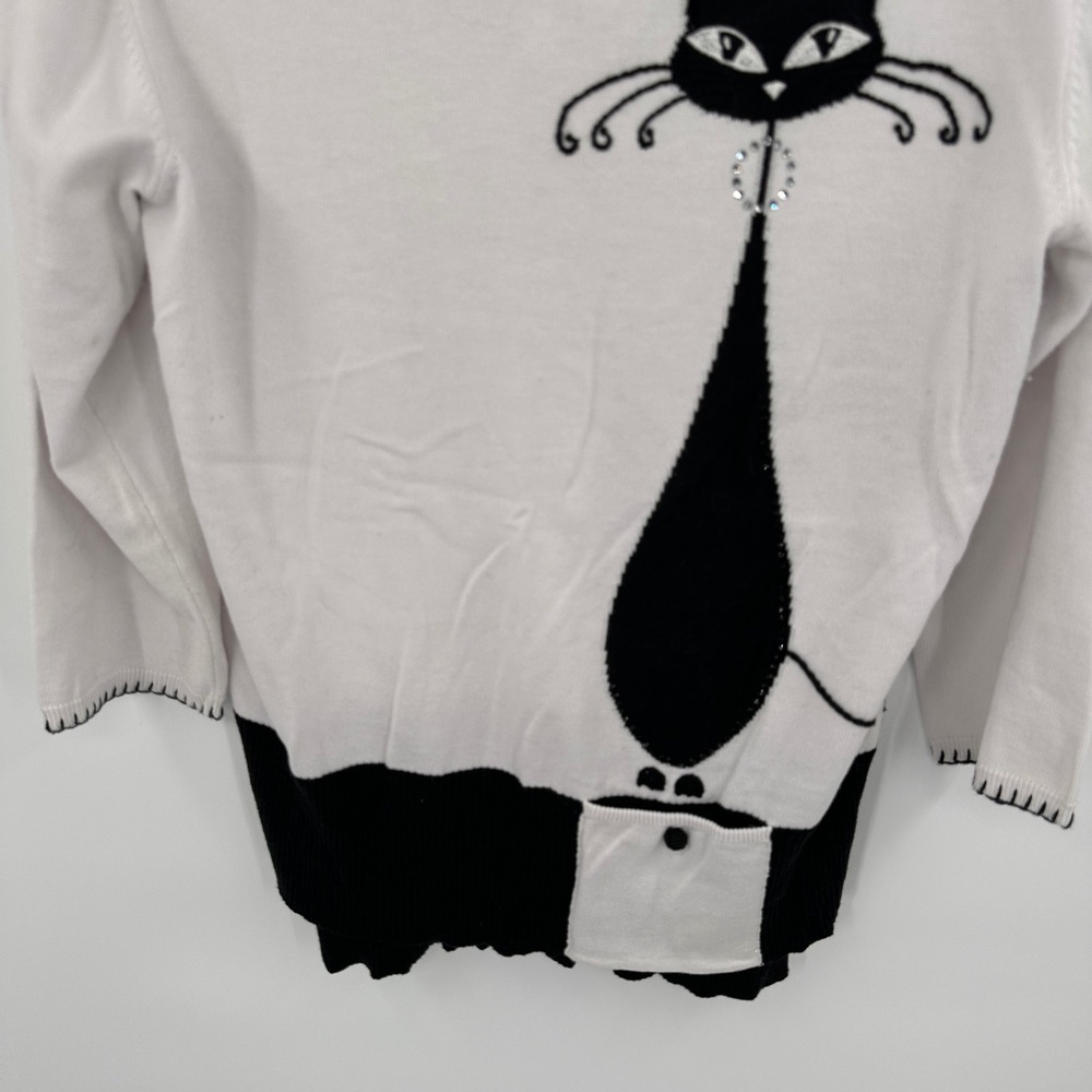 Berek Womens White Black Cat Graphic Knit Sweater Rhinestone Large Whimsical - Picture 3 of 9